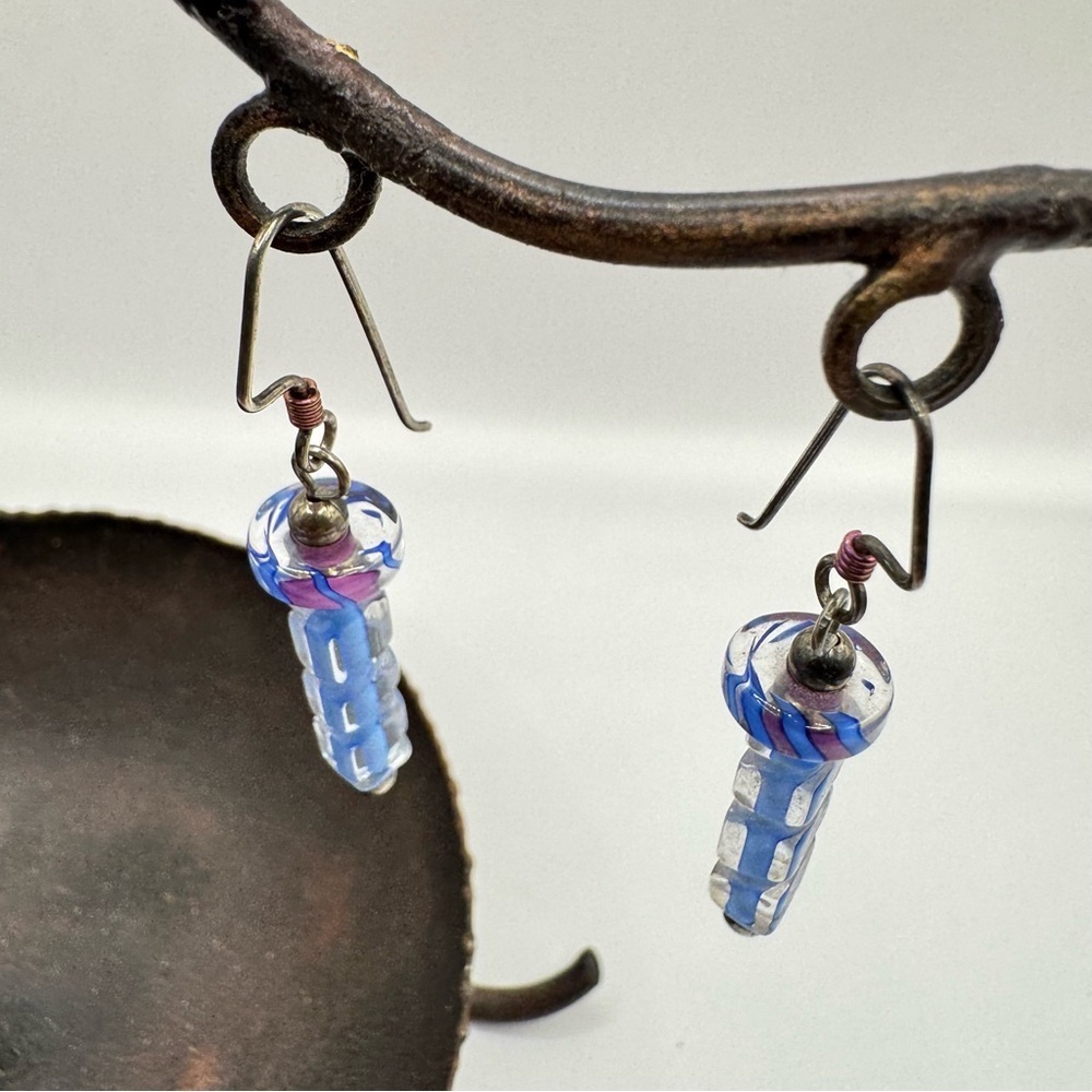 Furnace Glass Dangle Earrings | Blue & Purple Artisan Beads Boho Handmade Style - Picture 4 of 7